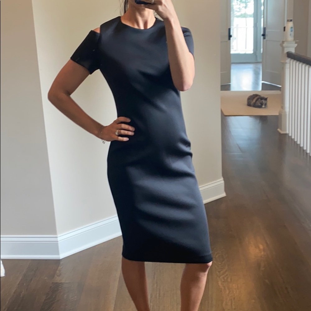 Calvin Klein, cold shoulder dress, w/ gold zipper